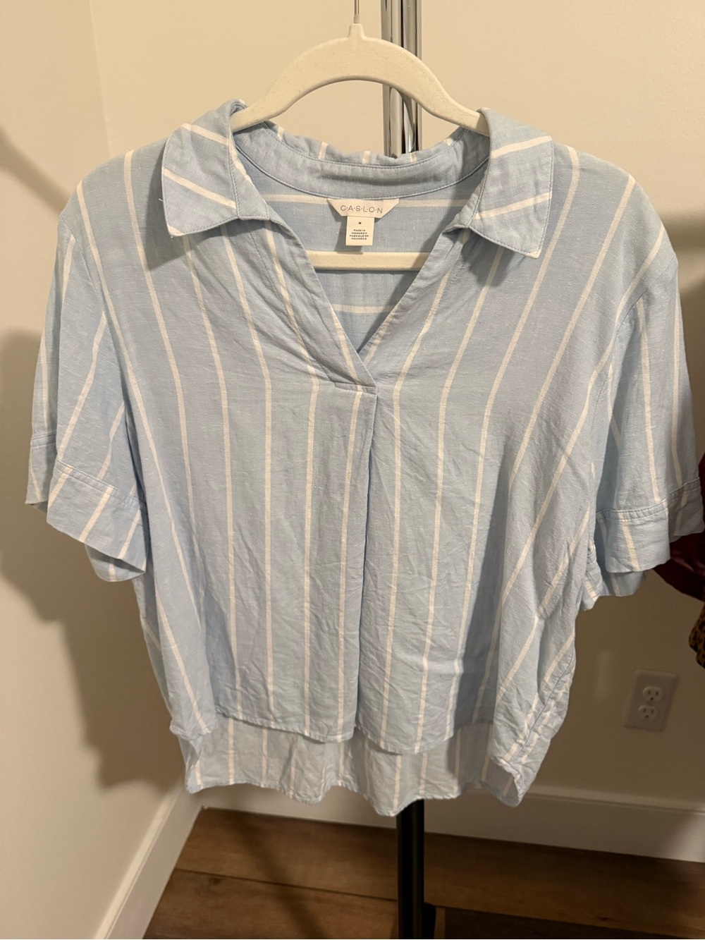 NWOT Caslon Pale Blue and White Striped V-Neck Collared Blouse